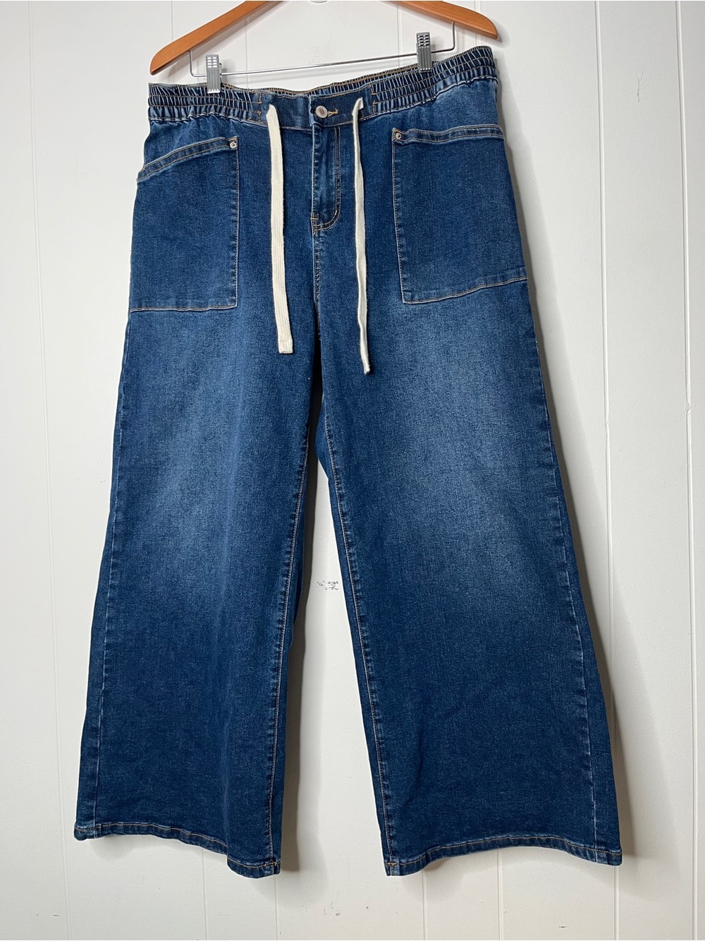 Sidefeel Wide-Leg Drawstring Jeans Patch Pockets Drawstring Waist Size 18